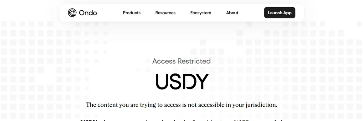 Ondo Finance 的 USDY 頁面顯示 Access Restricted、內容在你所在司法管轄區無法存取