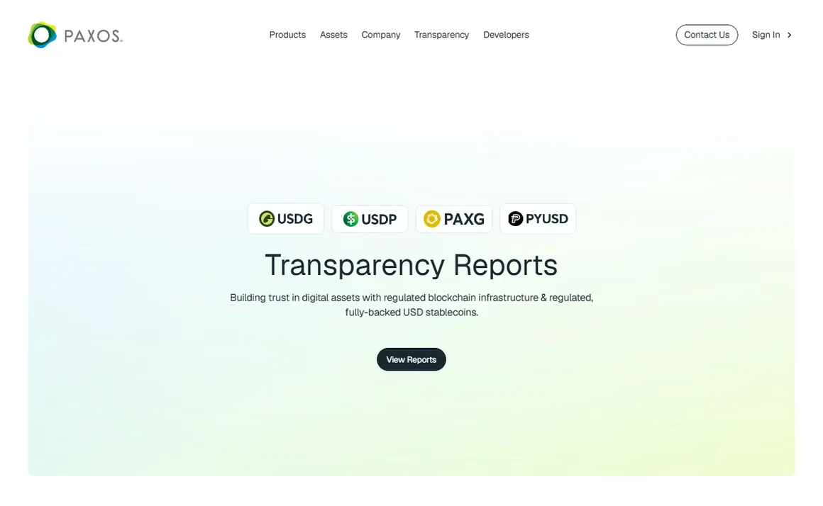 Paxos 的監管與透明度頁面，列出各代幣與 View Reports 按鈕
