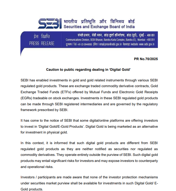 SEBI-র প্রেস রিলিজ ৭০/২০২৫-এর পিডিএফ: ডিজিটাল গোল্ড নিয়ে জনসাধারণের প্রতি সতর্কবার্তা, তারিখ ৮ নভেম্বর ২০২৫